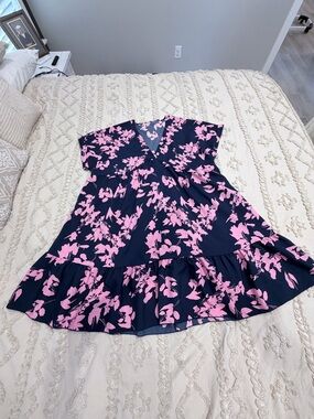 SHEIN Navy Dress with Pink Floral Print and Ruffle Hem